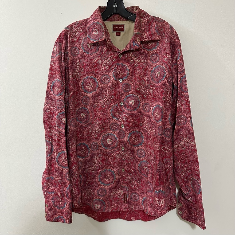 Tommy Hilfiger Red Label Long Sleeve‎ Shirt Size L Paisley Y2K Floral Flip Cuff